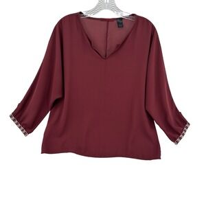 BKE Red Womens Burgundy Split V-Neck Blouse 3/4 Sleeve Embroidered Cuff Large